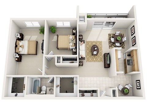 A 3D floor plan of a small apartment with two bedrooms, a living room, and a kitchen.